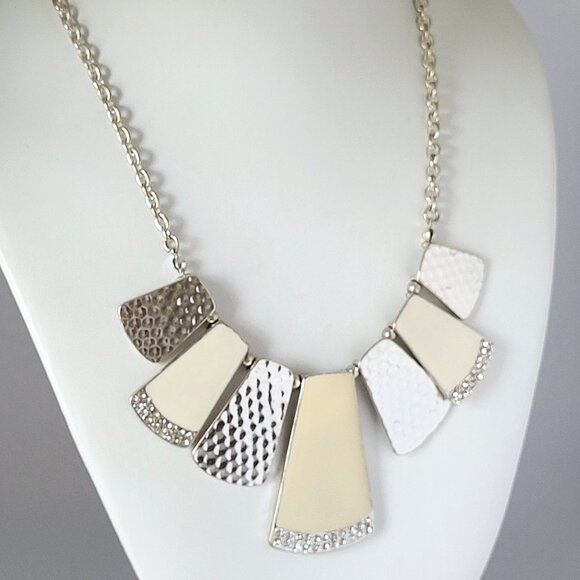 Cream & Ivory Enameled Silver Tone Statement Bib Necklace Rhinestone Accents 18" - Picture 1 of 8